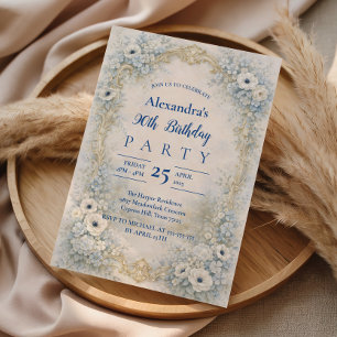Invitation Cadre baroque floral bleu pour 90e anniversaire