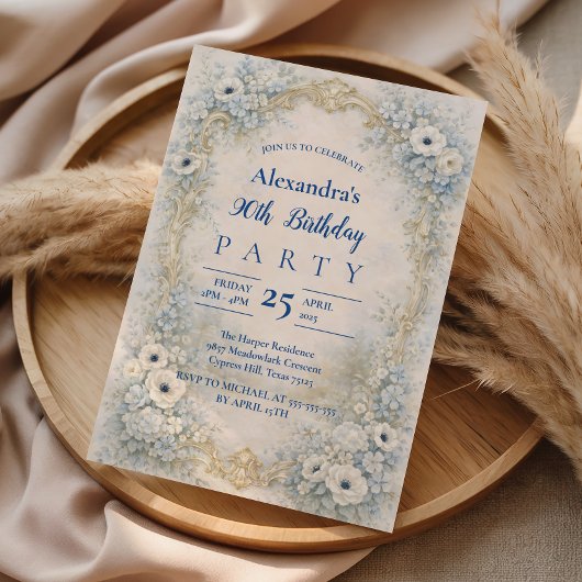 Invitation Cadre baroque floral bleu pour 90e anniversaire