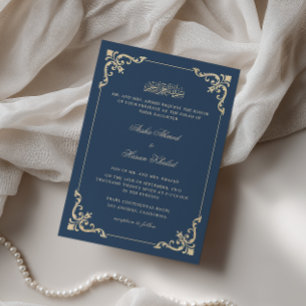 Invitation Cadre baroque orné Cérémonie de Nikah bleu marine