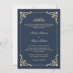 Invitation Cadre baroque orné Cérémonie de Nikah bleu royal