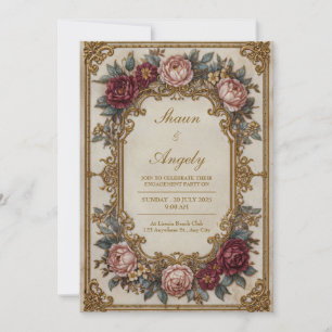 Invitation Cadre baroque orné or rose de Bourgogne mariage