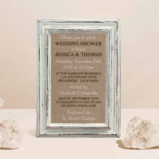 Invitation Cadre blanc rustique et Wedding shower Burlap
