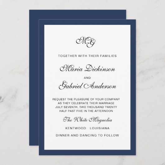 Invitation Cadre bleu marine classique Élégant mariage Invita (Devant / Derrière)