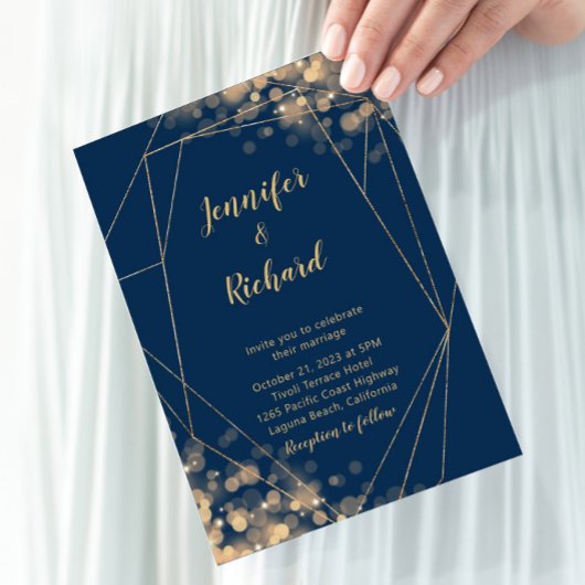 Invitation Cadre bleu marine et or avec lumières Bokeh