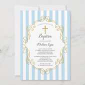 Invitation Cadre Bleu & Or Garçon Baptême (Devant)