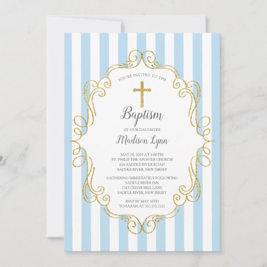 Invitation Cadre Bleu & Or Garçon Baptême (Devant)