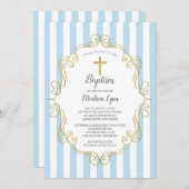 Invitation Cadre Bleu & Or Garçon Baptême (Devant / Derrière)