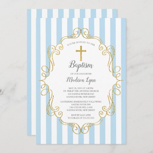 Invitation Cadre Bleu & Or Garçon Baptême (Devant / Derrière)
