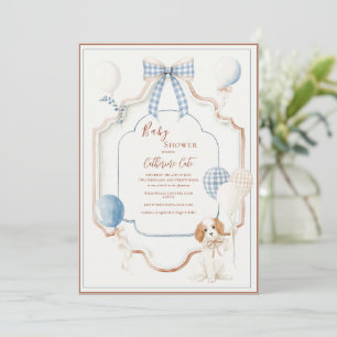 Invitation Cadre Bleu Vintage Ballons Chien Chiots Baby Showe