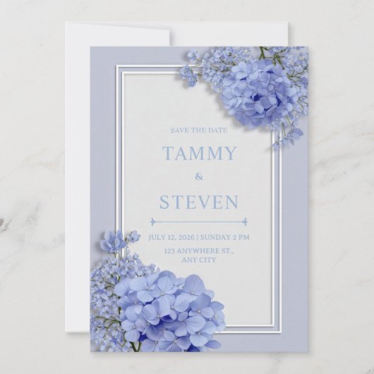 Invitation Cadre botanique de mariage Hydrangea Bleu Pervench (Devant)