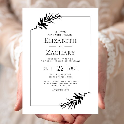 Invitation Cadre botanique simple Mariage noir et blanc