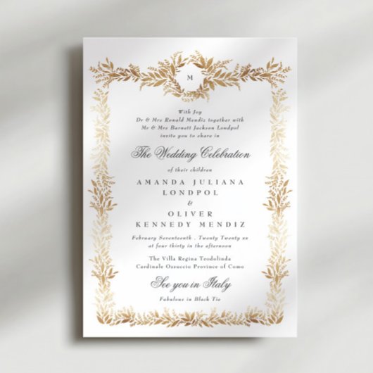 Invitation cadre botanique traditionnel or mariage monogramme