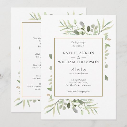 Invitation Cadre Botanique Verdure Or Tout en un Mariage (Devant / Derrière)