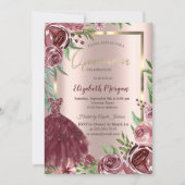 Invitation Cadre, Bourgogne Rose robe Rose or Quinceanera (Devant)