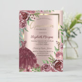 Invitation Cadre, Bourgogne Rose robe Rose or Quinceanera (Debout devant)