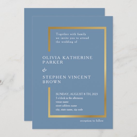 Invitation Cadre chic or. Elégant Mariage bleu poussiéreux (Devant / Derrière)