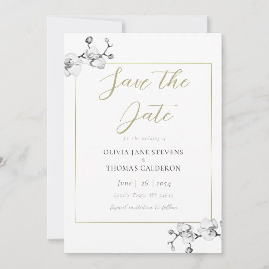 Invitation Cadre Classique Mariage Orchidée Blanche Save the (Devant)