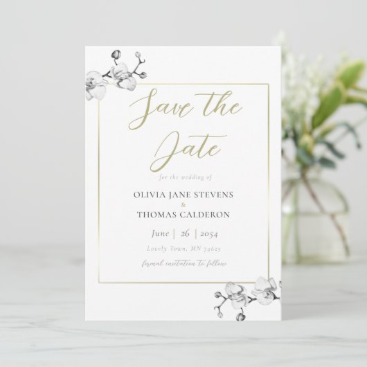 Invitation Cadre Classique Mariage Orchidée Blanche Save the (Debout devant)