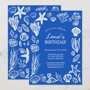 Invitation Cadre Coquillages Fête d'anniversaire Bleu Plage S