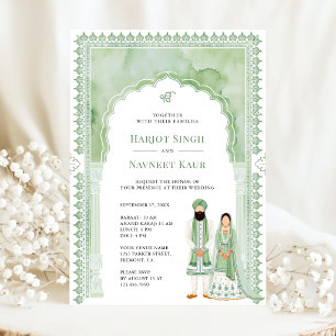 Invitation Cadre d'arche aquarelle vert sauge Mariage sikh