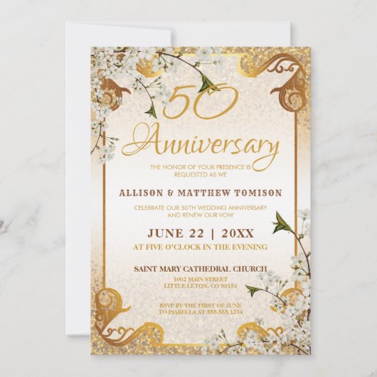 Invitation Cadre de 50e anniversaire de mariage floral paille (Devant)
