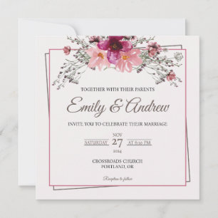Invitation Cadre de baie rose aquarelle florale mariage carré