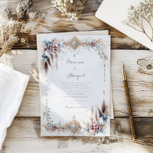 Invitation Cadre de bijoux floral à plumes bohème doré pour m
