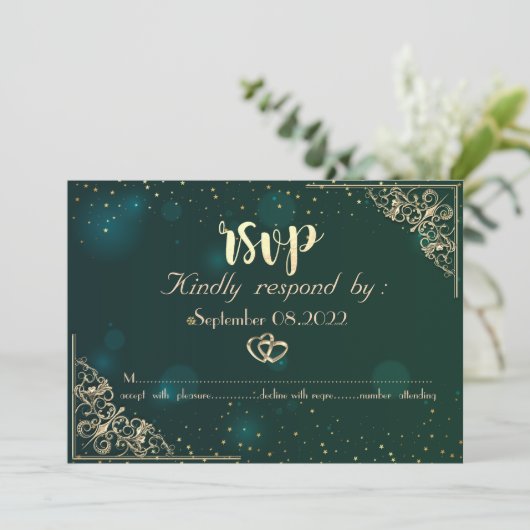 Invitation Cadre de coeurs dorés élégants Mariage RSVP vert  (Debout devant)