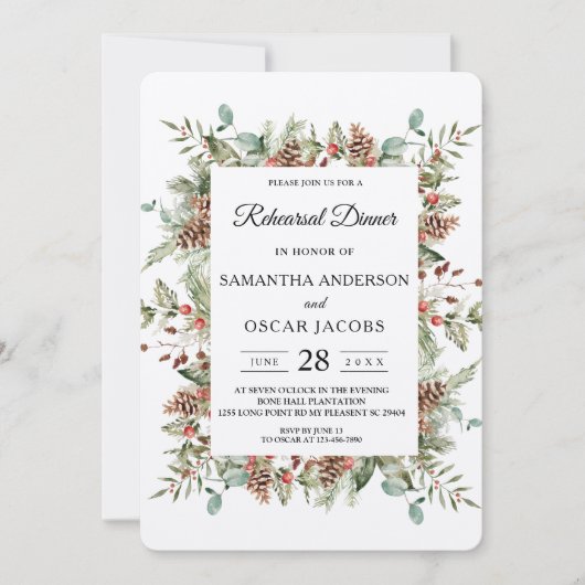 Invitation Cadre de cône de pin vert d'hiver Kraft (Devant)