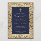 Invitation Cadre de confirmation garçon bleu marine or roses (Devant)