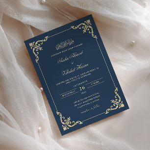 Invitation Cadre de dentelle victorienne or bleu marine Maria