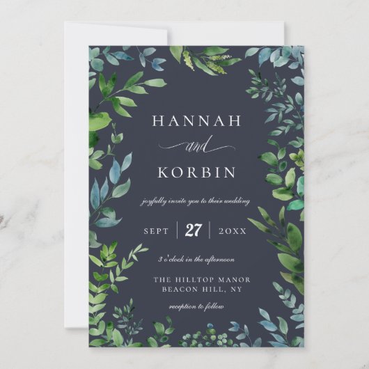 Invitation Cadre de feuillage forestier | Mariage bleu marine (Devant)