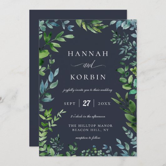 Invitation Cadre de feuillage forestier | Mariage bleu marine (Devant / Derrière)