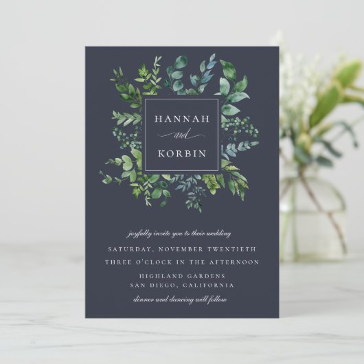 Invitation Cadre de feuillage forestier Mariage bleu marine (Debout devant)