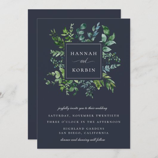 Invitation Cadre de feuillage forestier Mariage bleu marine (Devant / Derrière)