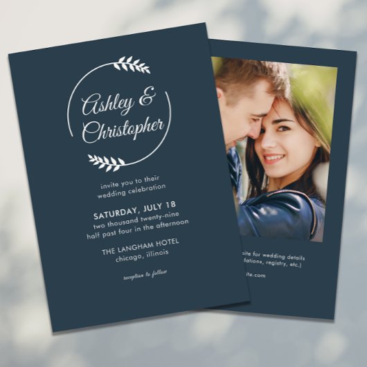 Invitation Cadre de feuillage moderne Indigo Mariage photo bl