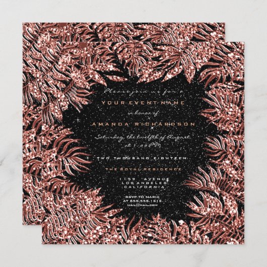 Invitation Cadre de feuilles de fougère Rose Gold Copper Noir (Devant / Derrière)