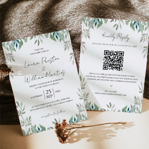 Invitation Cadre de feuilles de verdure Code QR RSVP Mariage
