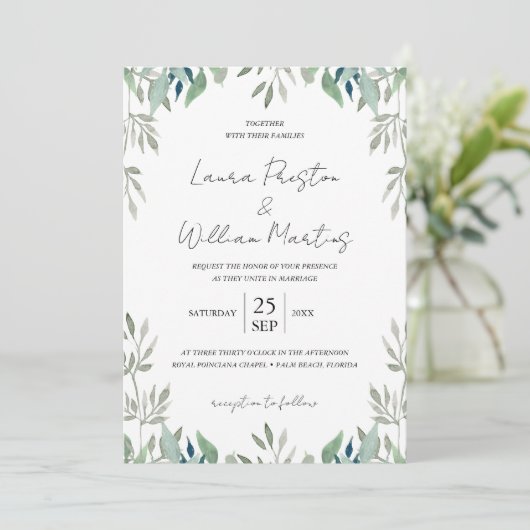 Invitation Cadre de feuilles de verdure Code QR RSVP Mariage (Debout devant)