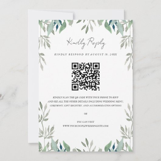 Invitation Cadre de feuilles de verdure Code QR RSVP Mariage (Dos)