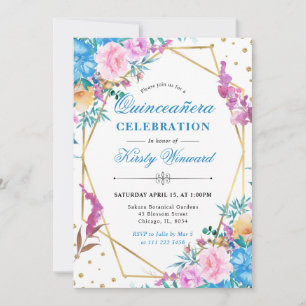 Invitation Cadre de fleurs d'été rose et bleu pour Quinceaner