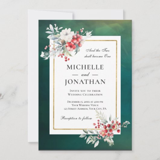Invitation Cadre de fleurs d'hiver sur Mariage chrétien vert (Devant)