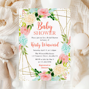 Invitation Cadre de fleurs roses et menthe pour Baby Shower