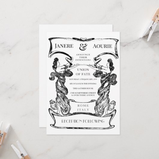 Invitation Cadre de forme féminine Art Nouveau Déco (Devant/Arrière en situation)