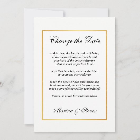 Invitation Cadre de glamour doré pour changement de date d'év (Devant)