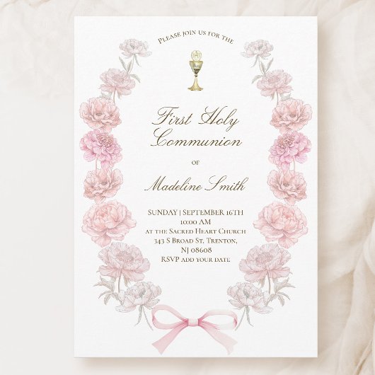 Invitation cadre de la première communion délicate pivoines