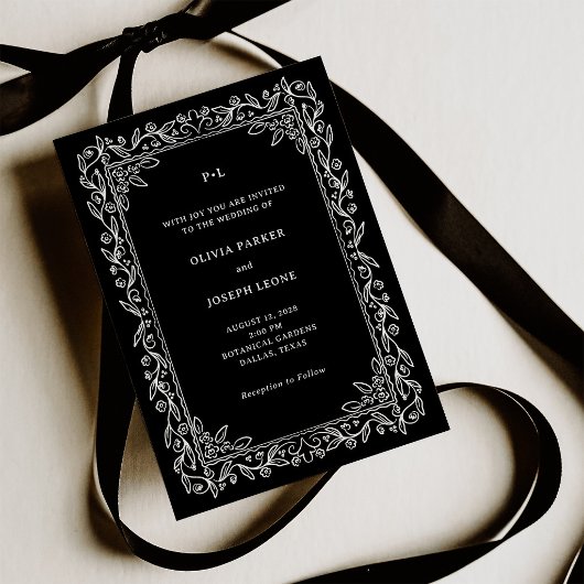 Invitation Cadre de ligne botanique | Noir