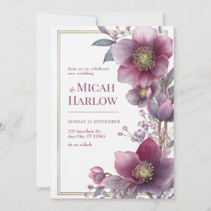 Invitation Cadre de mariage botanique or Hellebore prune fonc