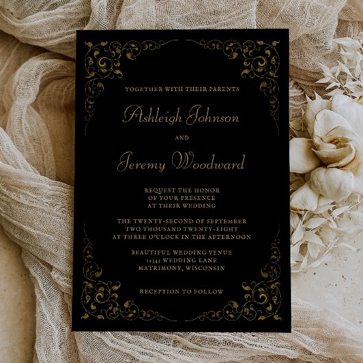 Invitation Cadre de mariage botanique vintage noir or élégant