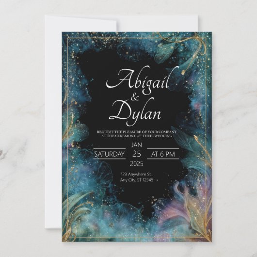 Invitation Cadre de mariage céleste feuille d'or sarcelle de (Devant)